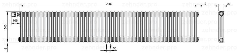 Схема (чертеж) Радиатор Zehnder Charleston 2050/46 №V007 Белый глянцевый RAL 9016